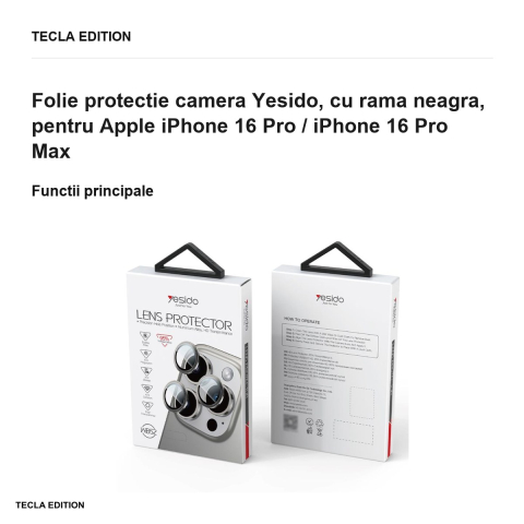 Folie protectie camera Yesido, cu rama neagra, pentru Apple iPhone 16 Pro / iPhone 16 Pro Max [1]