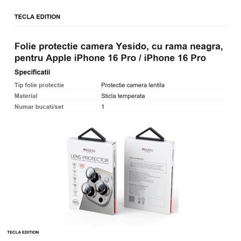 Folie protectie camera Yesido, cu rama neagra, pentru Apple iPhone 16 Pro / iPhone 16 Pro Max [2]