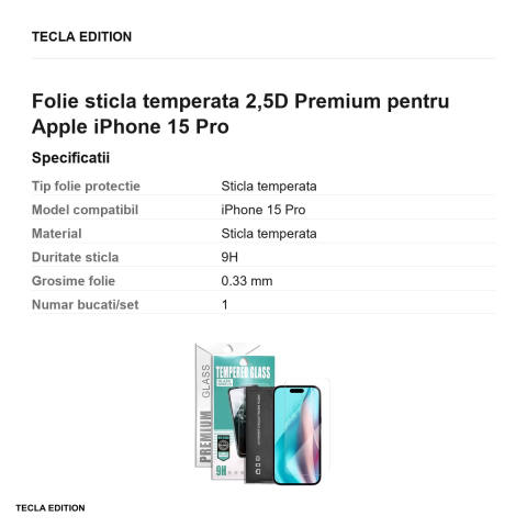 Folie sticla temperata 2,5D Premium pentru Apple iPhone 15 Pro [2]