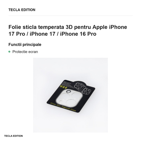 Folie sticla temperata 3D pentru Apple iPhone 17 Pro / iPhone 17 / iPhone 16 Pro [1]