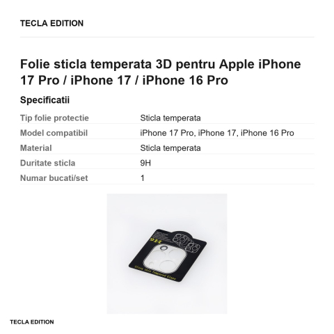 Folie sticla temperata 3D pentru Apple iPhone 17 Pro / iPhone 17 / iPhone 16 Pro [2]