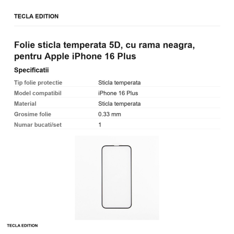 Folie sticla temperata 5D, cu rama neagra, pentru Apple iPhone 16 Plus [2]