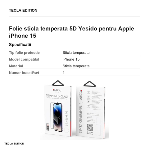 Folie sticla temperata 5D Yesido pentru Apple iPhone 15 [2]