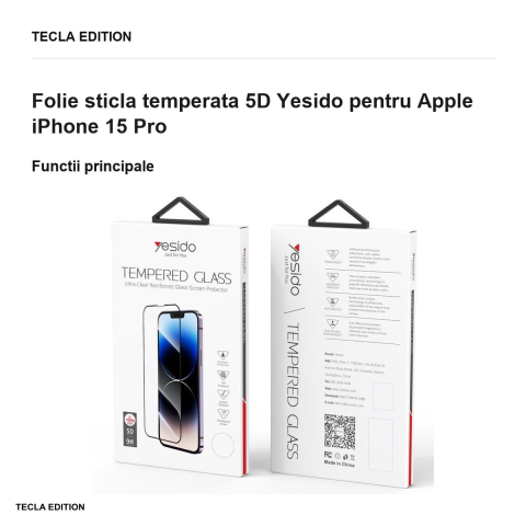 Folie sticla temperata 5D Yesido pentru Apple iPhone 15 Pro [1]