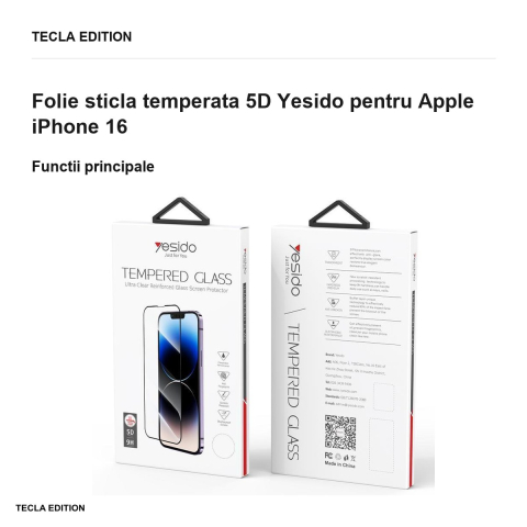 Folie sticla temperata 5D Yesido pentru Apple iPhone 16 [1]