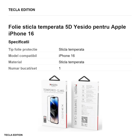 Folie sticla temperata 5D Yesido pentru Apple iPhone 16 [2]