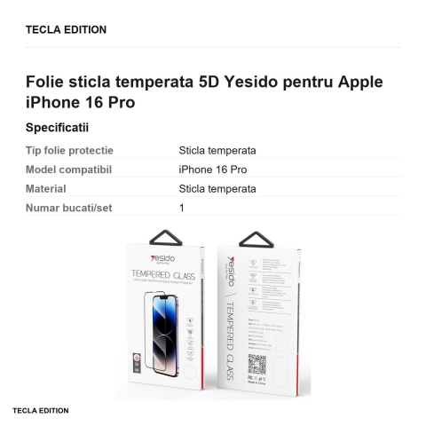 Folie sticla temperata 5D Yesido pentru Apple iPhone 16 Pro [2]