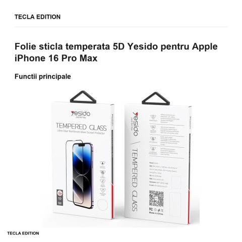 Folie sticla temperata 5D Yesido pentru Apple iPhone 16 Pro Max [1]