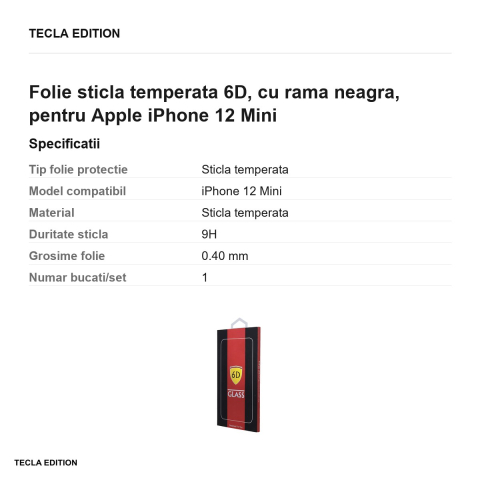 Folie sticla temperata 6D, cu rama neagra, pentru Apple iPhone 12 Mini [2]