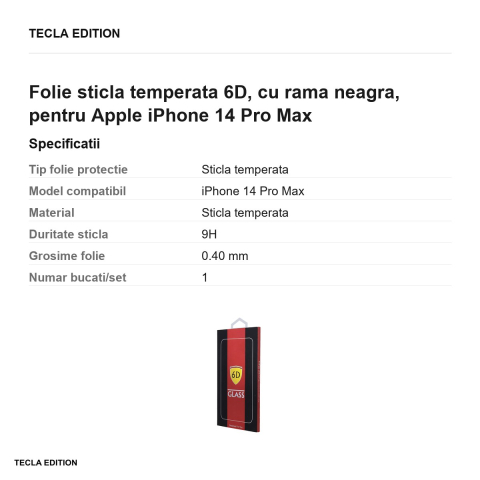 Folie sticla temperata 6D, cu rama neagra, pentru Apple iPhone 14 Pro Max [2]
