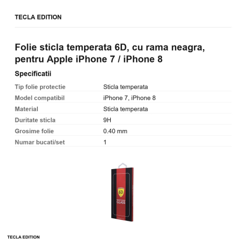 Folie sticla temperata 6D, cu rama neagra, pentru Apple iPhone 7 / iPhone 8 [2]