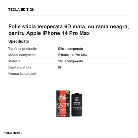 Folie sticla temperata 6D mata, cu rama neagra, pentru Apple iPhone 14 Pro Max [2]