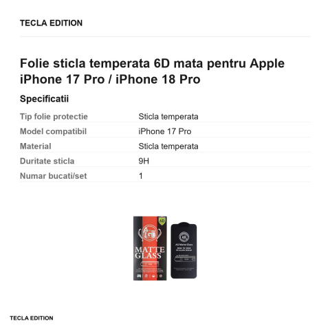 Folie sticla temperata 6D mata pentru Apple iPhone 17 Pro / iPhone 18 Pro [2]