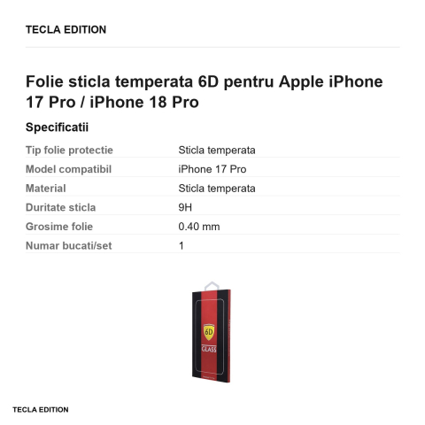 Folie sticla temperata 6D pentru Apple iPhone 17 Pro / iPhone 18 Pro [2]