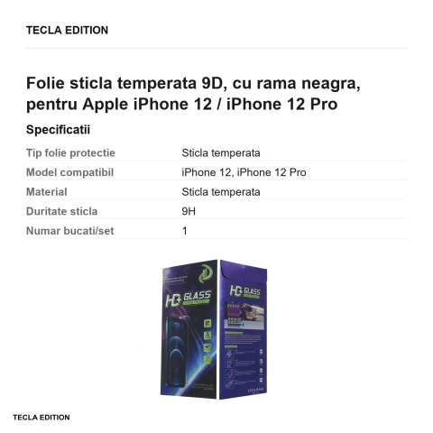 Folie sticla temperata 9D, cu rama neagra, pentru Apple iPhone 12 / iPhone 12 Pro [2]