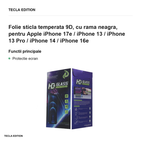 Folie sticla temperata 9D, cu rama neagra, pentru Apple iPhone 17e / iPhone 13 / iPhone 13 Pro / iPhone 14 / iPhone 16e [1]
