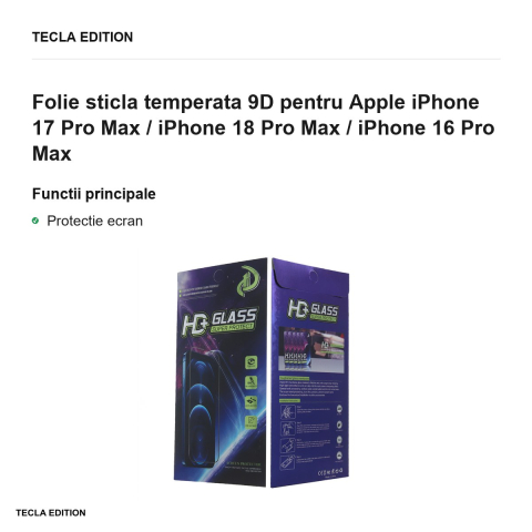 Folie sticla temperata 9D pentru Apple iPhone 17 Pro Max / iPhone 18 Pro Max / iPhone 16 Pro Max [1]