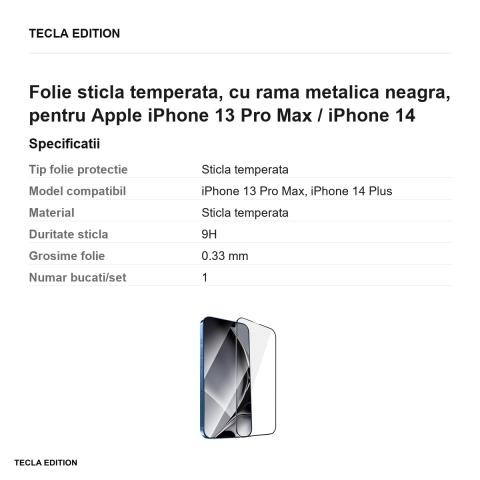 Folie sticla temperata, cu rama metalica neagra, pentru Apple iPhone 13 Pro Max / iPhone 14 Plus [2]