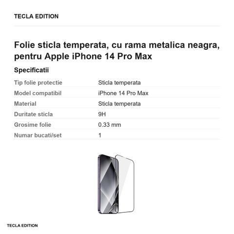 Folie sticla temperata, cu rama metalica neagra, pentru Apple iPhone 14 Pro Max [2]