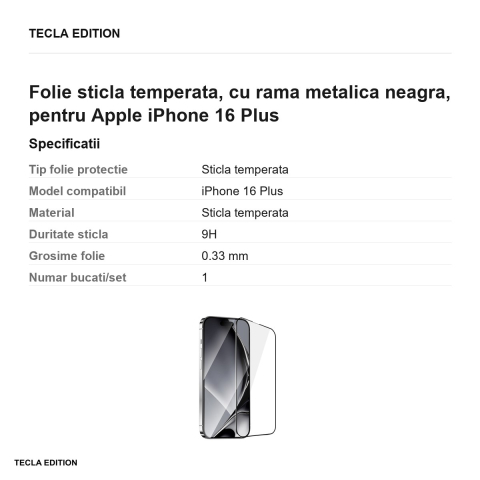Folie sticla temperata, cu rama metalica neagra, pentru Apple iPhone 16 Plus [2]