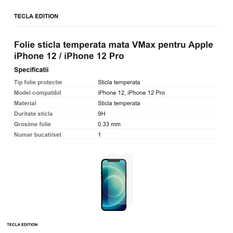 Folie sticla temperata mata VMax pentru Apple iPhone 12 / iPhone 12 Pro [2]