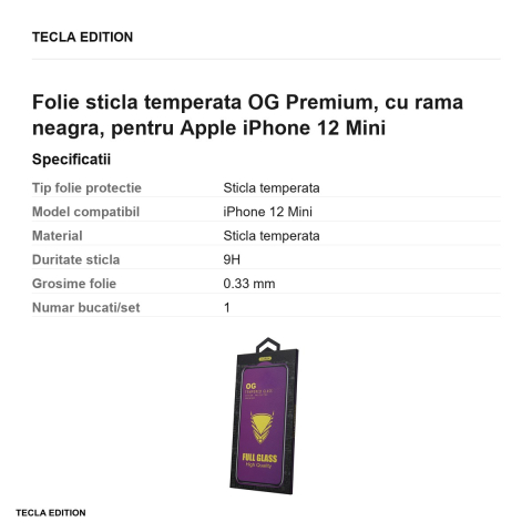 Folie sticla temperata OG Premium, cu rama neagra, pentru Apple iPhone 12 Mini [2]