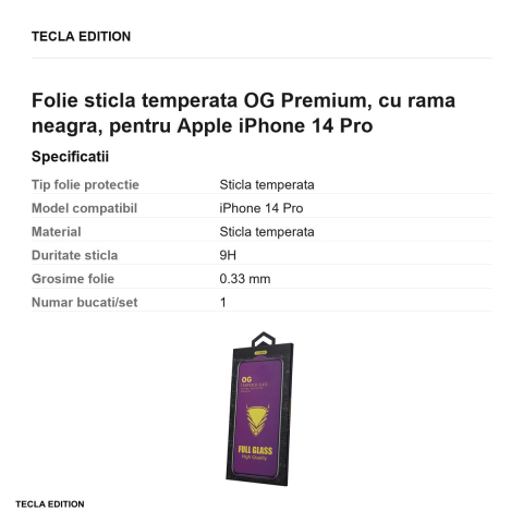 Folie sticla temperata OG Premium, cu rama neagra, pentru Apple iPhone 14 Pro [2]