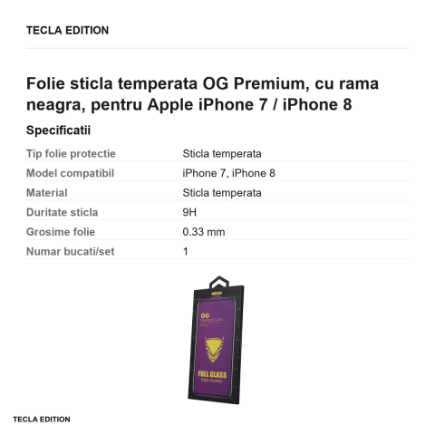Folie sticla temperata OG Premium, cu rama neagra, pentru Apple iPhone 7 / iPhone 8 [2]