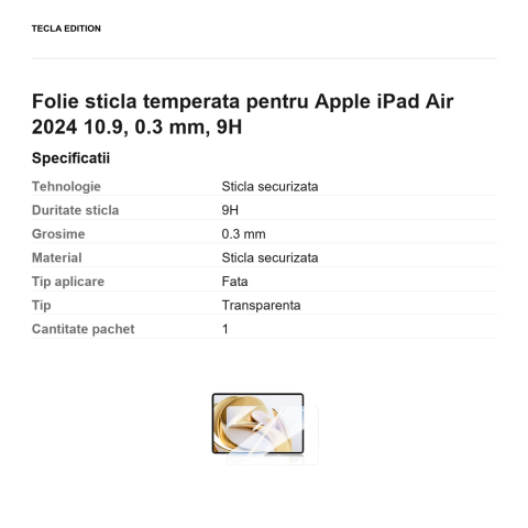 Folie sticla temperata pentru Apple iPad Air 2024 10.9, 0.3 mm, 9H [2]