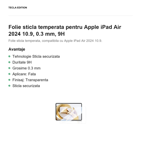 Folie sticla temperata pentru Apple iPad Air 2024 10.9, 0.3 mm, 9H [1]