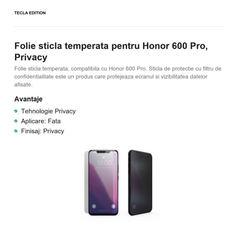 Folie sticla temperata pentru Honor 600 Pro, Privacy [1]