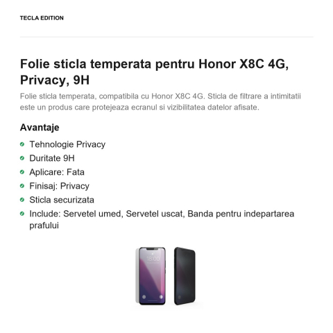 Folie sticla temperata pentru Honor X8C 4G, Privacy, 9H [1]