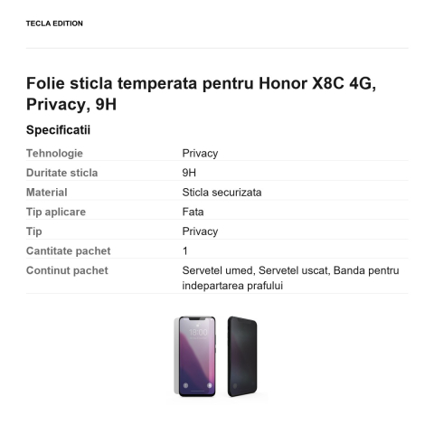 Folie sticla temperata pentru Honor X8C 4G, Privacy, 9H [2]