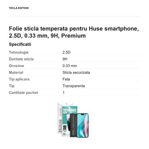 Folie sticla temperata pentru Huse smartphone, 2.5D, 0.33 mm, 9H, Premium [2]