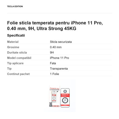 Folie sticla temperata pentru iPhone 11 Pro, 0.40 mm, 9H, Ultra Strong 45KG [2]