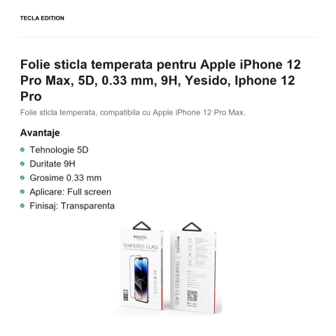 Folie sticla temperata pentru iPhone 12 Pro Max, 5D, 0.33 mm, 9H, Yesido, Iphone 12 Pro [1]