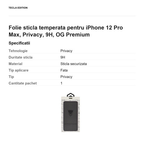 Folie sticla temperata pentru iPhone 12 Pro Max, Privacy, 9H, OG Premium [2]