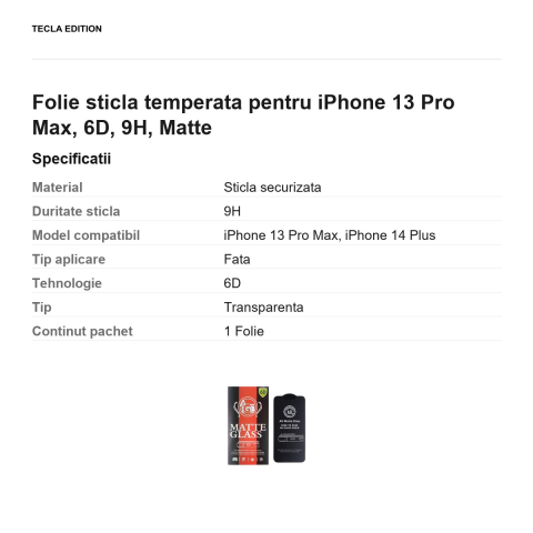 Folie sticla temperata pentru iPhone 13 Pro Max, 6D, 9H, Matte [2]