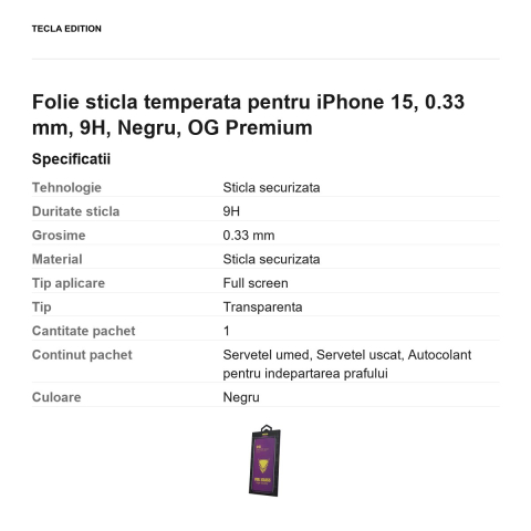 Folie sticla temperata pentru iPhone 15, 0.33 mm, 9H, Negru, OG Premium [2]