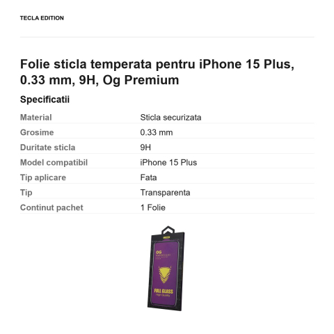 Folie sticla temperata pentru iPhone 15 Plus, 0.33 mm, 9H, Og Premium [2]