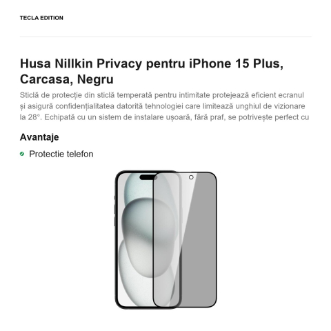 Folie sticla temperata pentru iPhone 15 Plus, Privacy, 0.33 mm, 9H, Nillkin [1]