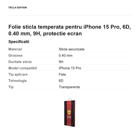 Folie sticla temperata pentru iPhone 15 Pro, 6D, 0.40 mm, 9H, protectie ecran [2]