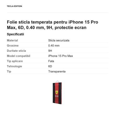 Folie sticla temperata pentru iPhone 15 Pro Max, 6D, 0.40 mm, 9H, protectie ecran [2]