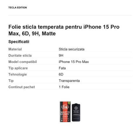 Folie sticla temperata pentru iPhone 15 Pro Max, 6D, 9H, Matte [2]