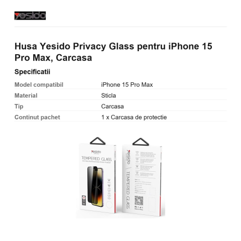 Folie sticla temperata pentru iPhone 15 Pro Max, Privacy, Yesido [2]