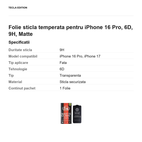 Folie sticla temperata pentru iPhone 16 Pro, 6D, 9H, Matte [2]