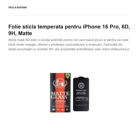 Folie sticla temperata pentru iPhone 16 Pro, 6D, 9H, Matte [1]