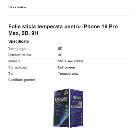 Folie sticla temperata pentru iPhone 16 Pro Max, 9D, 9H [2]