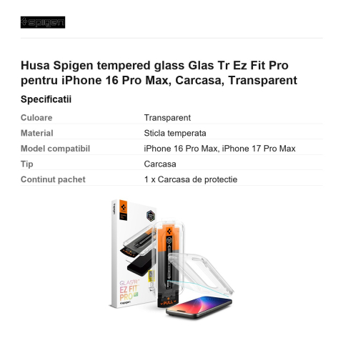 Folie sticla temperata pentru iPhone 16 Pro Max, Spigen, Glas.Tr Ez Fit Pro [2]
