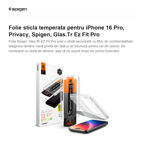 Folie sticla temperata pentru iPhone 16 Pro, Privacy, Spigen, Glas.Tr Ez Fit Pro [1]